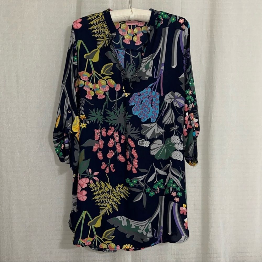 Hello Miz L Navy Vibrant Floral Quarter Roll up Sleeve Shirt Dress
